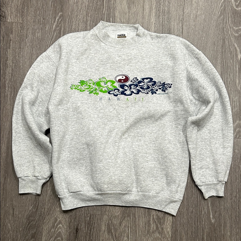 Tultex Gray Crewneck Sweatshirt with Green & Navy Hawaii Floral Graphic